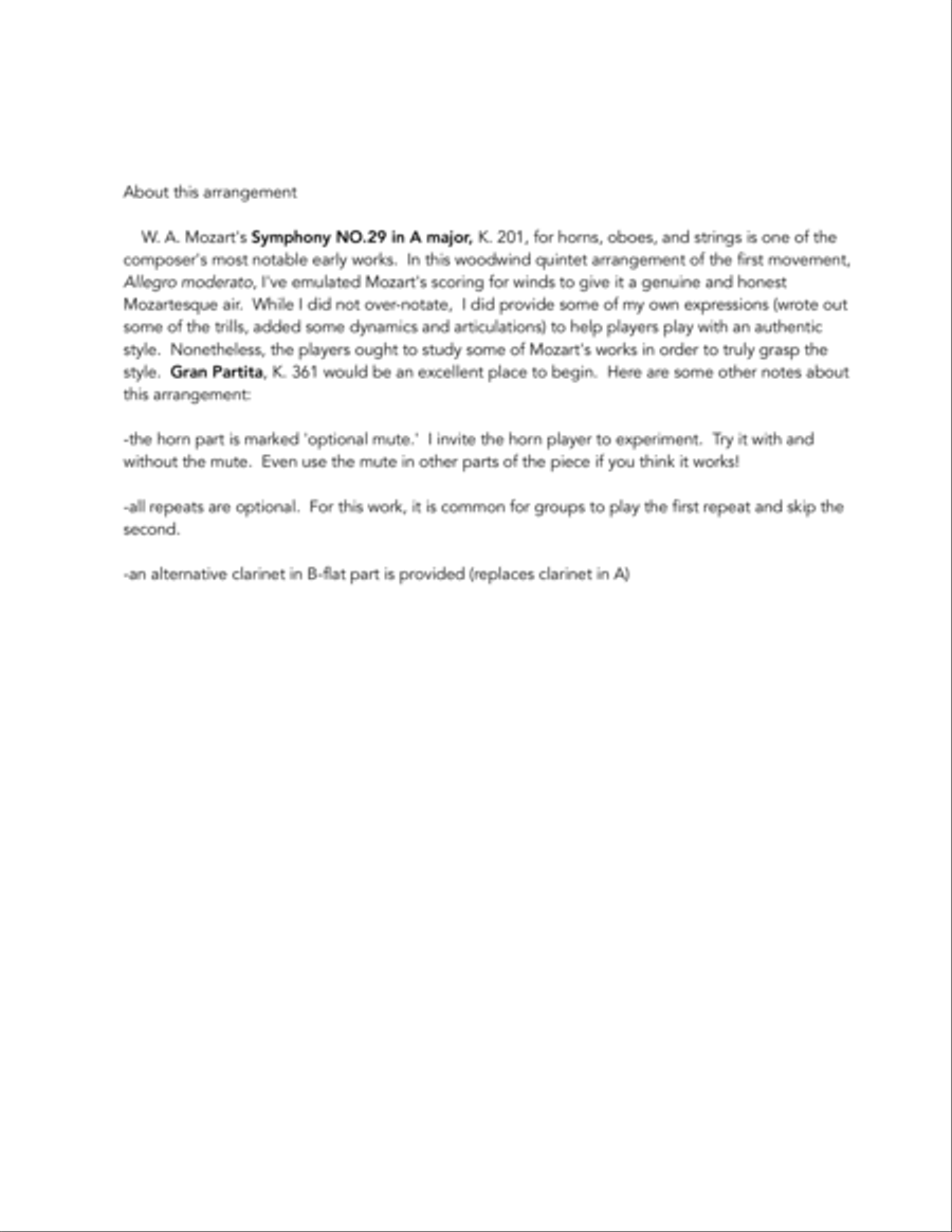 Mozart's Symphony No. 29 for Woodwind Quintet Woodwind Quintet scores gallery preview page 2