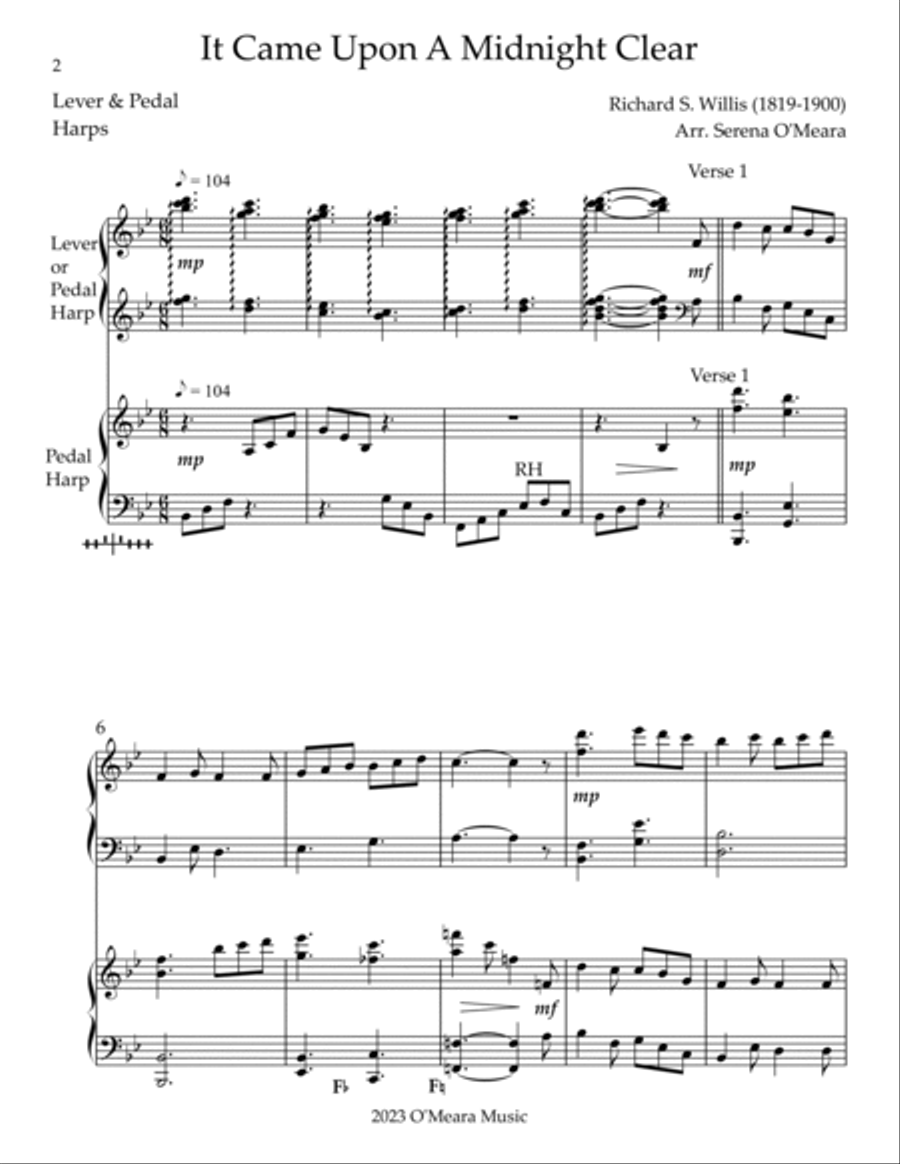 It Came Upon A Midnight Clear, Harp Duet - Key of Bb