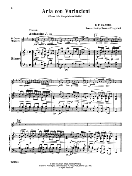 Aria Con Variazioni - Trumpet/Piano by George Frideric Handel Small Ensemble - Sheet Music