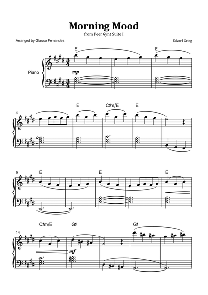 Morning Mood by Grieg - Easy/Intermediate Piano Solo with Chord Notation image number null