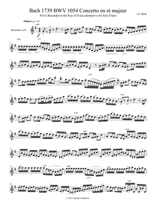 Bach 1739 BWV 1054 Concerto en ré majeur For Solo Unaccompanied Recorder or Alto Flute Key of D
