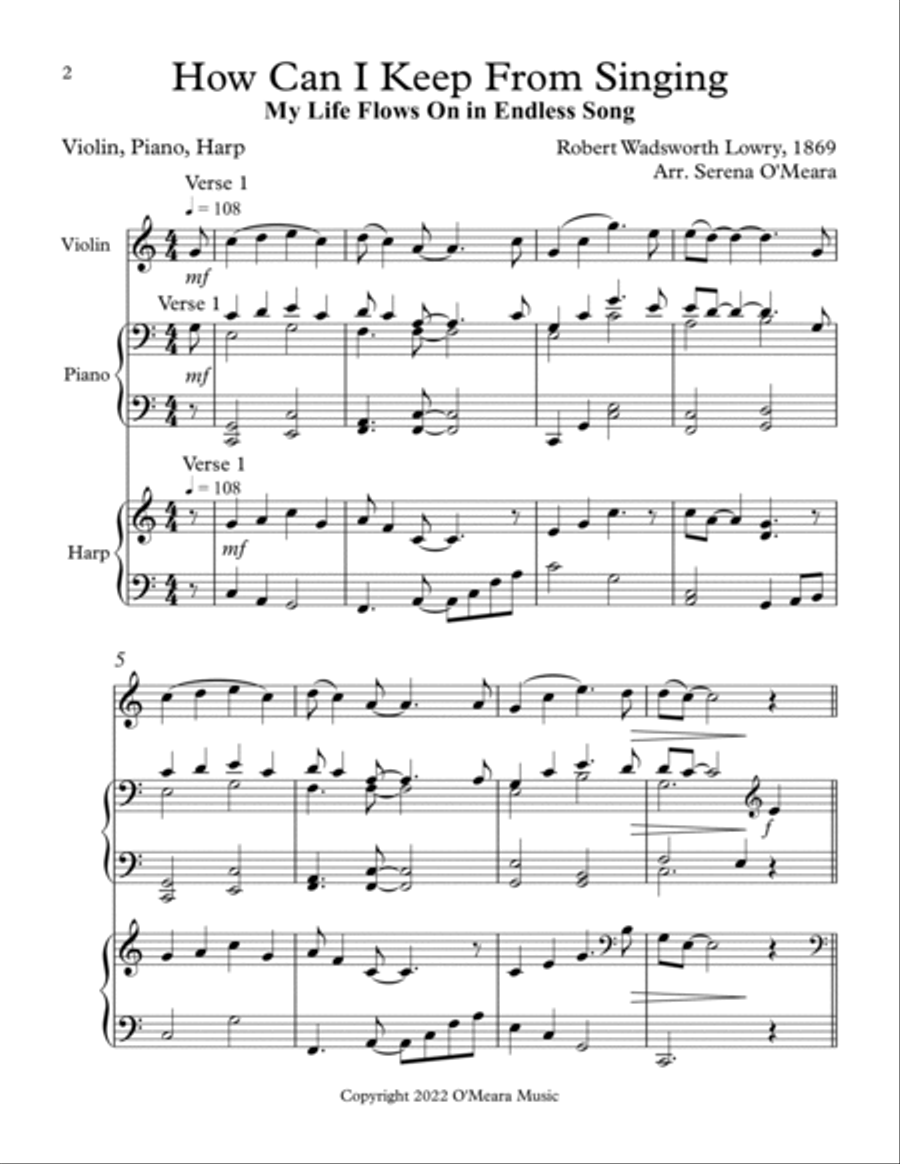 How Can I Keep From Singing, Trio for Violin, Piano & Harp Pedal Harp scores gallery preview page 2