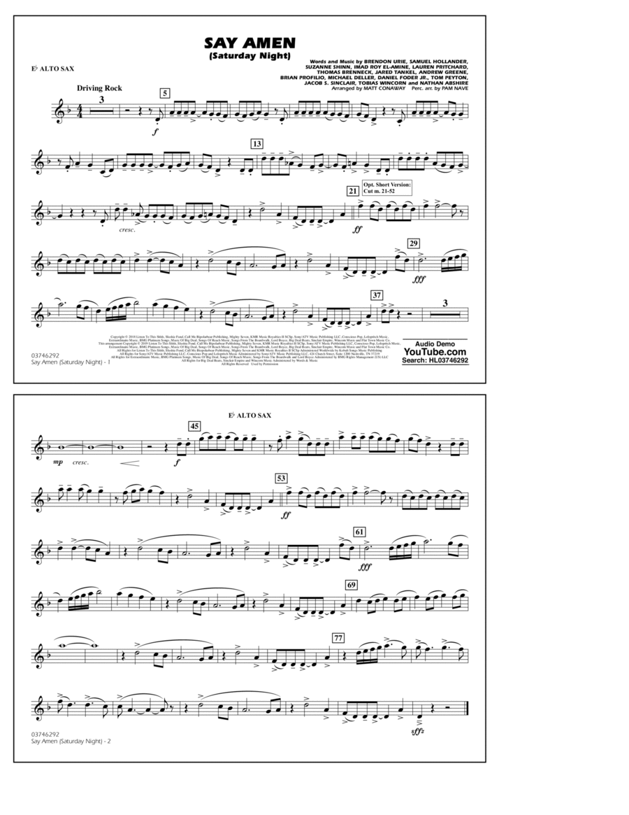 Say Amen (Saturday Night) (arr. Matt Conaway) - Eb Alto Sax Marching Band scores gallery preview page 1