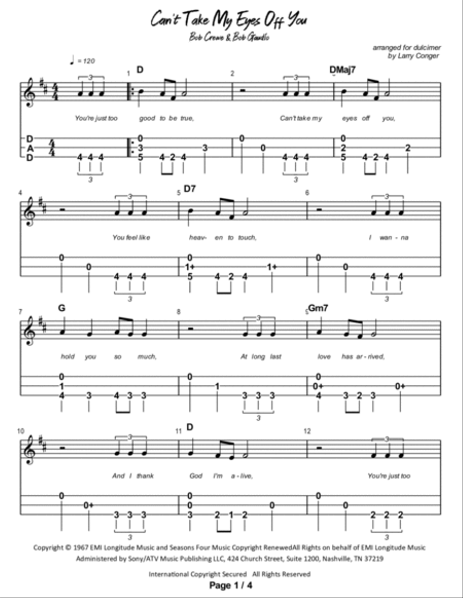 Can't Take My Eyes Off Of You Dulcimer scores gallery preview page 2
