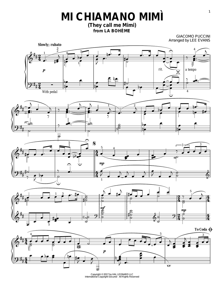 Me Chiamano Mimi (arr. Lee Evans) Piano Solo scores gallery preview page 1