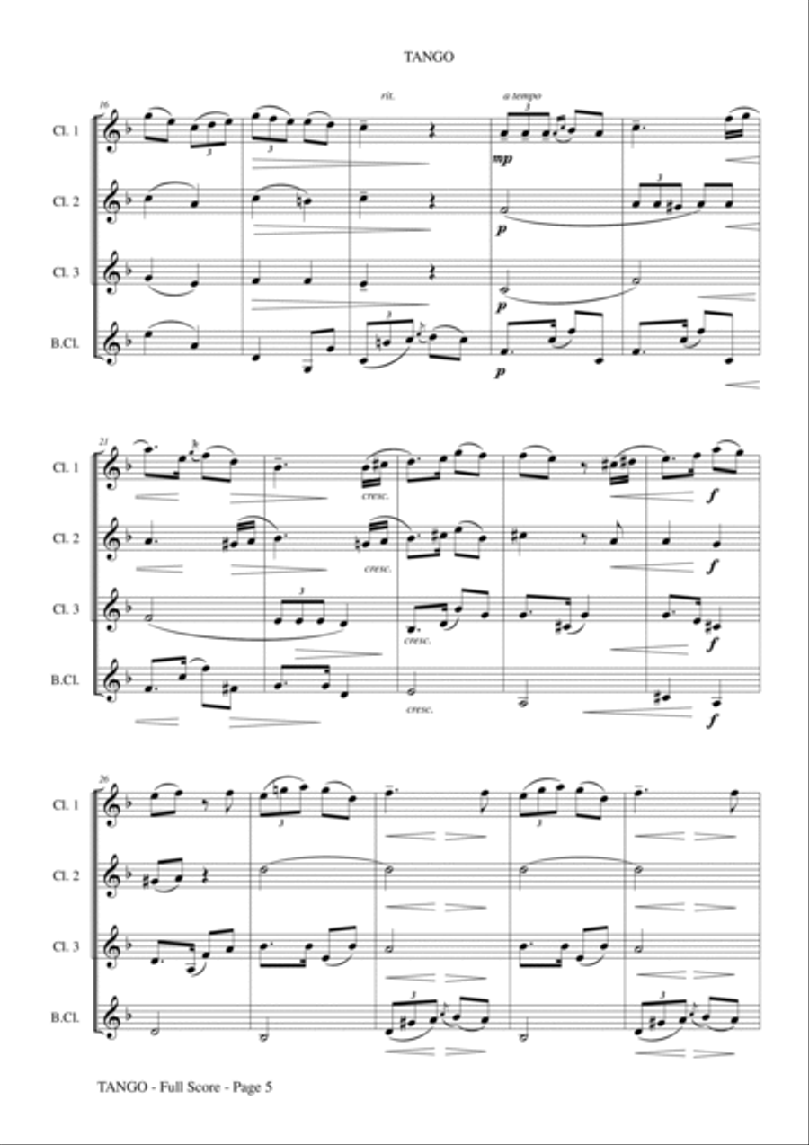 Tango by Albeniz - Arranged for Clarinet Quartet or Ensemble Clarinet Quartet scores gallery preview page 6