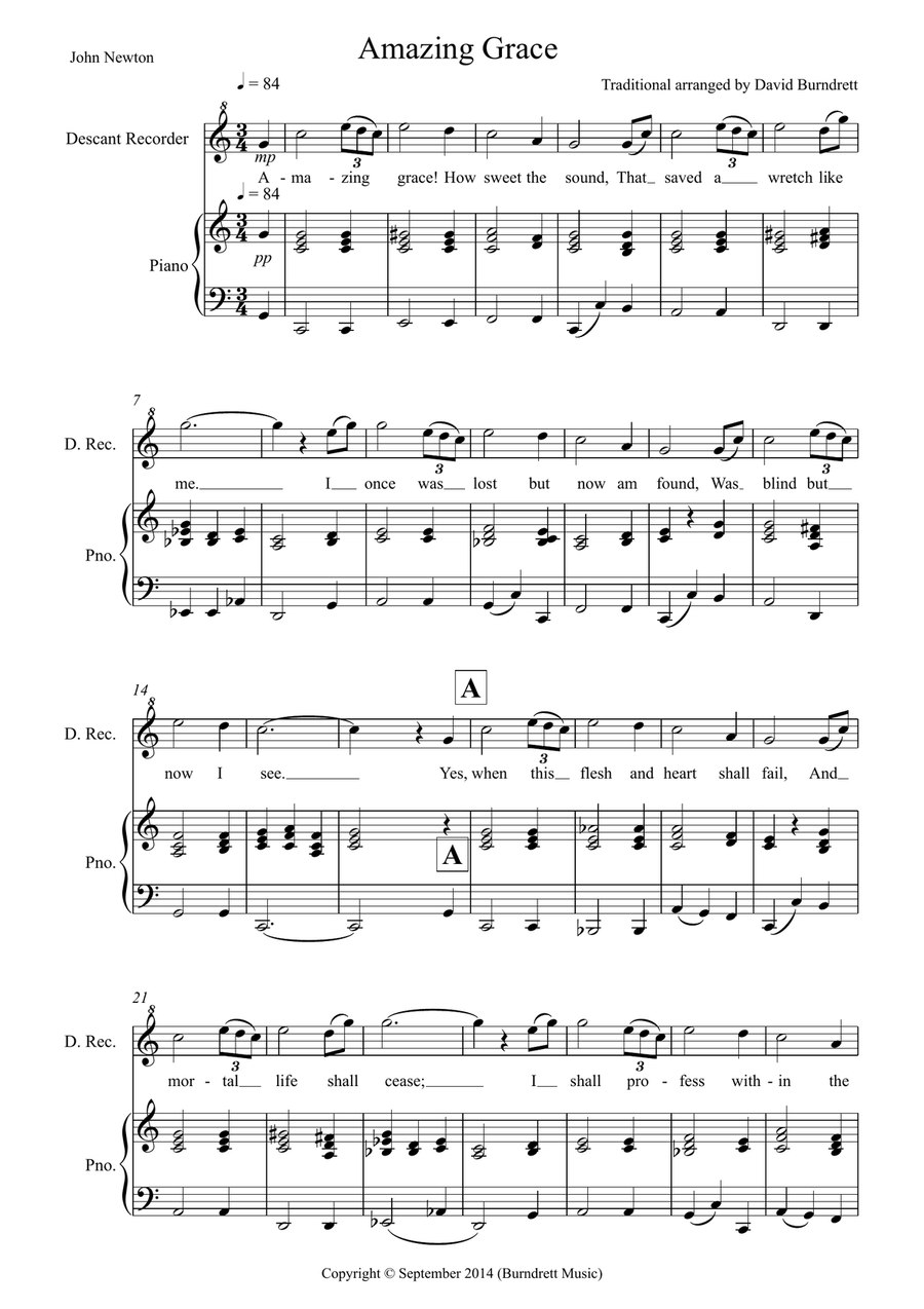 Amazing Grace for Descant Recorder and Piano Woodwind Duet scores gallery preview page 1