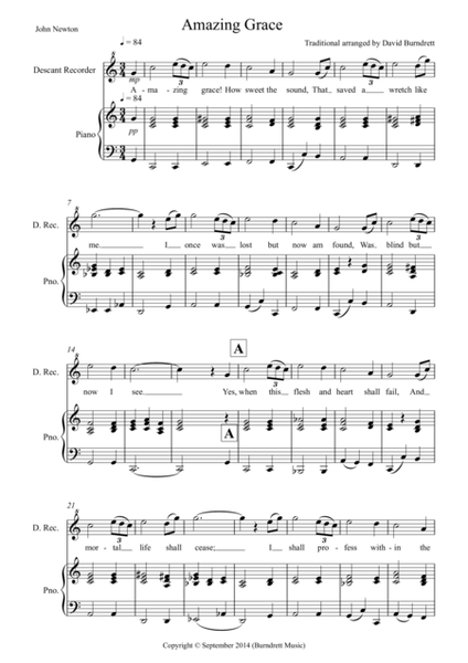 Amazing Grace for Descant Recorder and Piano image number null