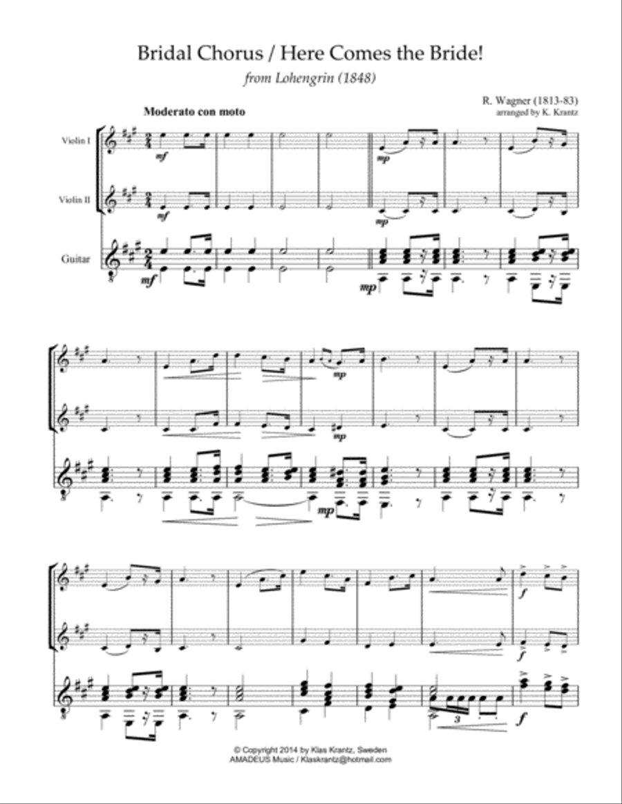 Bridal Chorus / Here Comes the Bride! for violin duet and guitar (A Major)