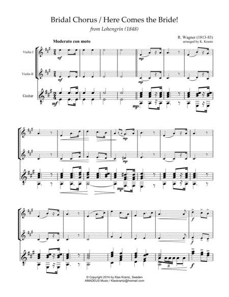 Bridal Chorus / Here Comes the Bride! for violin duet and guitar (A Major)