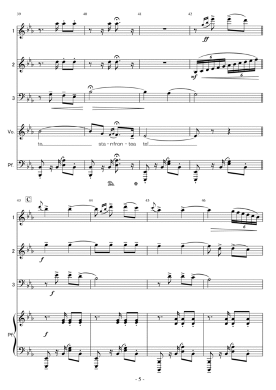 <Flex Piano Quartet and Vocal > 'O sole mio for Low Voice (Key:Eb) <Flex Piano Quartet and Vocal > 'O sole mio for Low Voice (Key:Eb) Large Ensemble scores gallery preview page 5