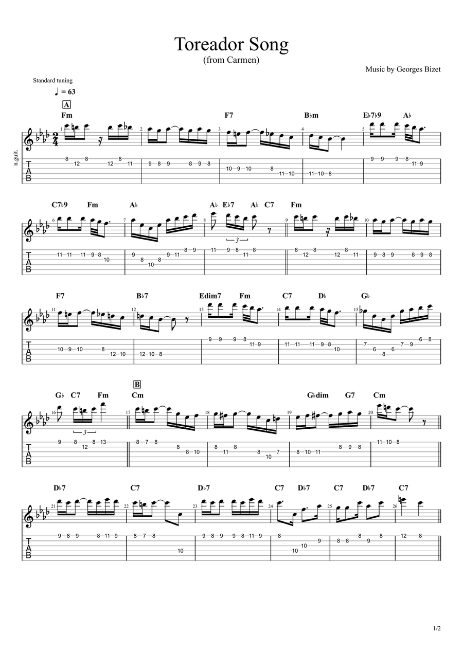 Toreador song (from Carmen) Guitar Tablature scores gallery preview page 1