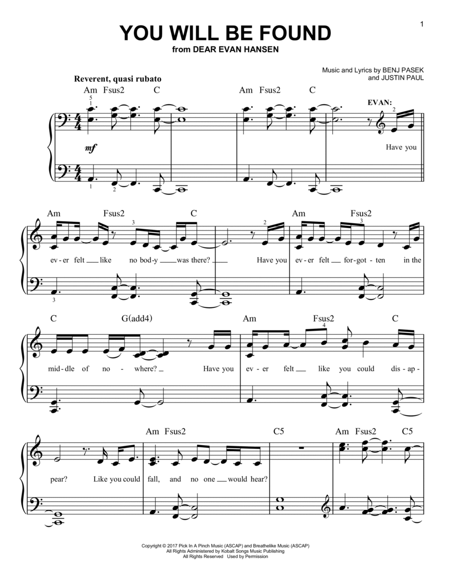 You Will Be Found (from Dear Evan Hansen) Easy Piano scores gallery preview page 1