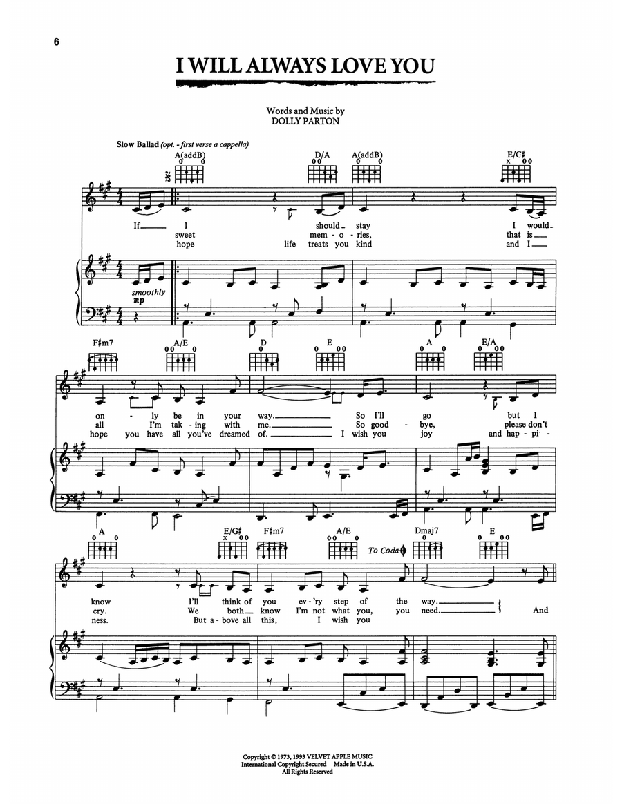 I Will Always Love You (from The Bodyguard) Piano, Vocal, Guitar scores gallery preview page 1