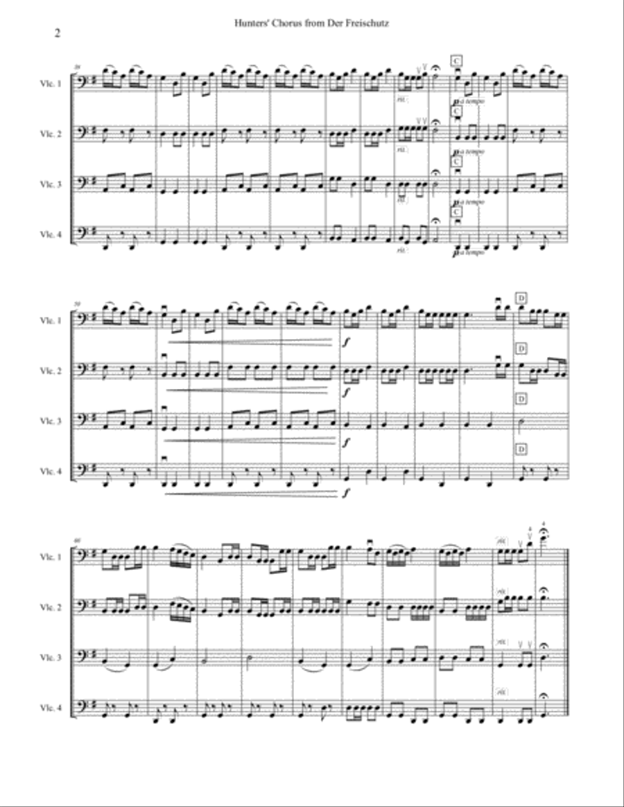 Hunter's Choir. For beginner cello quartet (four cellos), Op.77 from Der Freischutz Choir scores gallery preview page 2