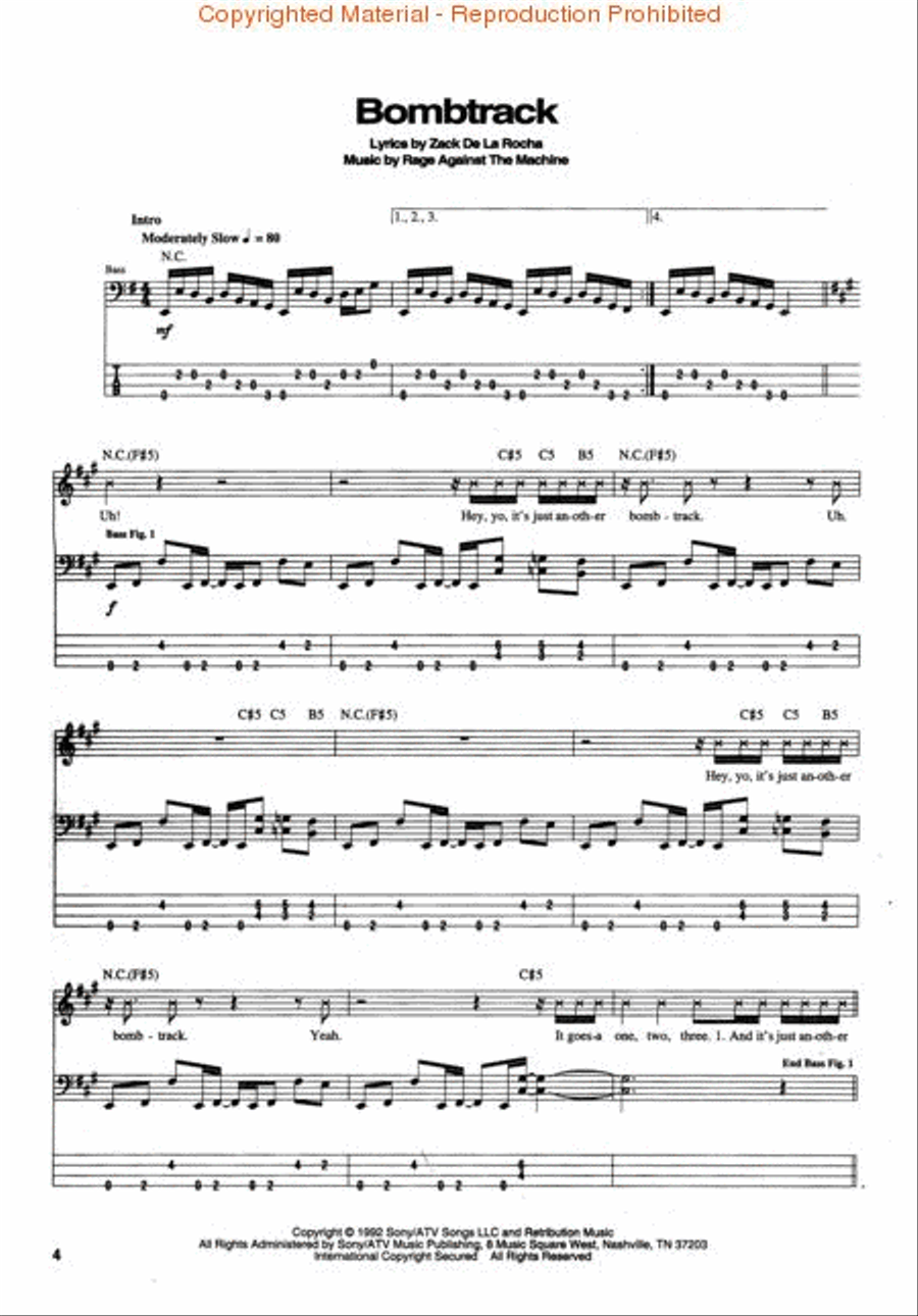 Rage Against the Machine Bass Guitar Tablature scores gallery preview page 2