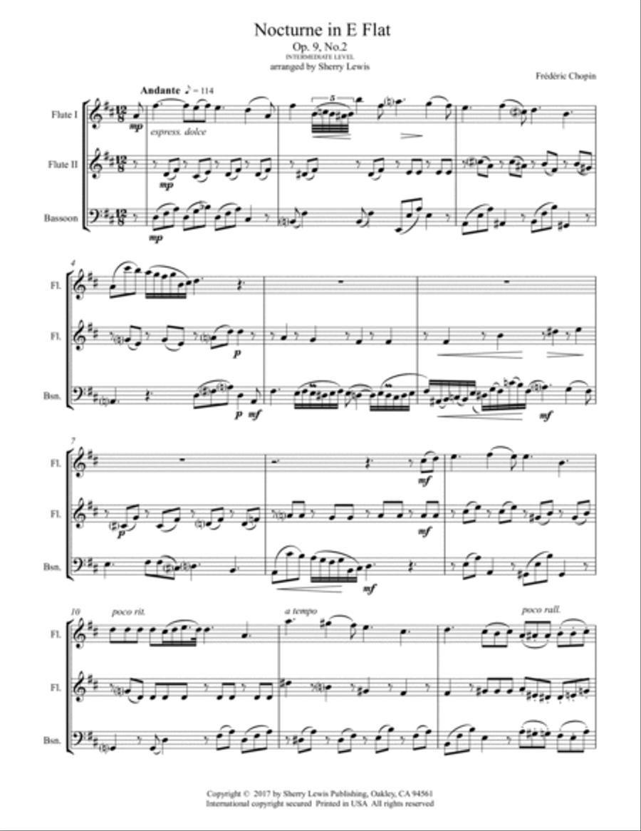 NOCTURNE by Chopin, Op.9 No.2, Woodwind Trio, Intermediate Level for 2 flutes and bassoon Woodwind Trio scores gallery preview page 4