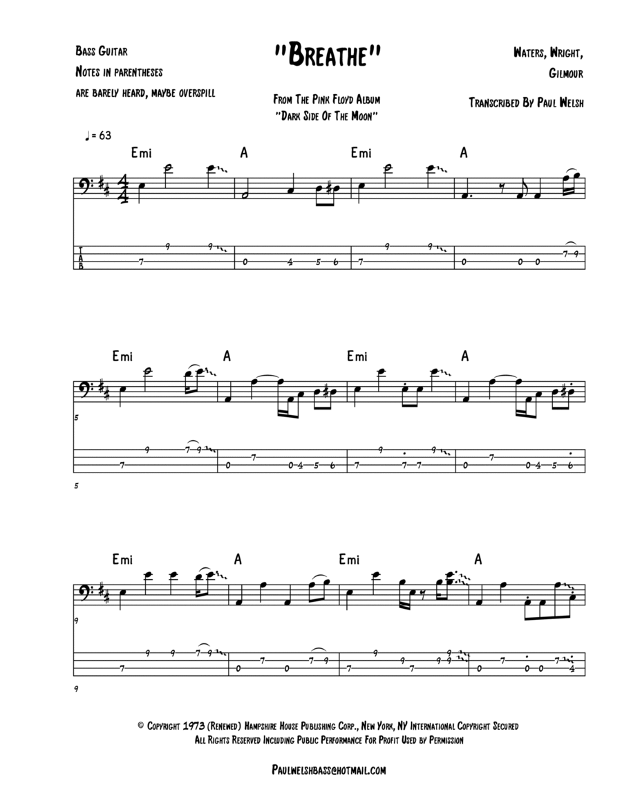 Breathe Bass Guitar scores gallery preview page 1