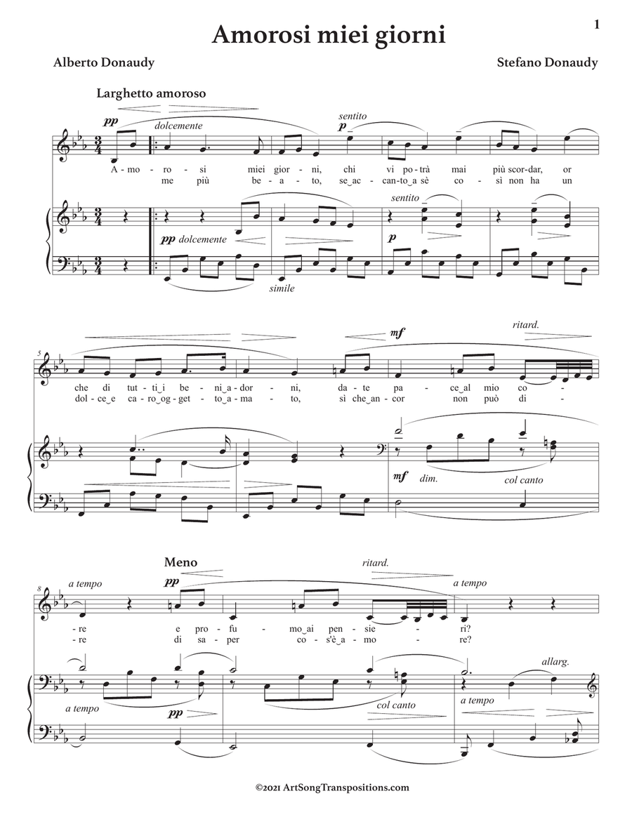 DONAUDY: Amorosi miei giorni (transposed to E-flat major) Piano, Vocal scores gallery preview page 2