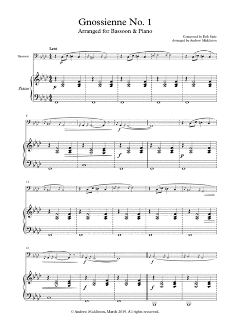 Gnossienne No. 1 arranged for Bassoon and Piano Small Ensemble scores gallery preview page 3