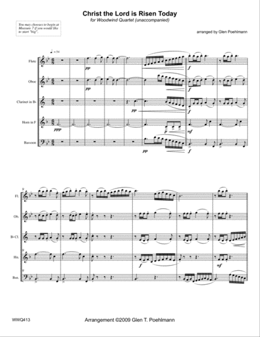 CHRIST THE LORD IS RISEN TODAY - unaccompanied WOODWIND QUINTET