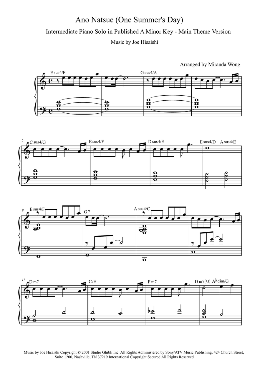 Ano Natsue (one Summer's Day) Easy Piano scores gallery preview page 1