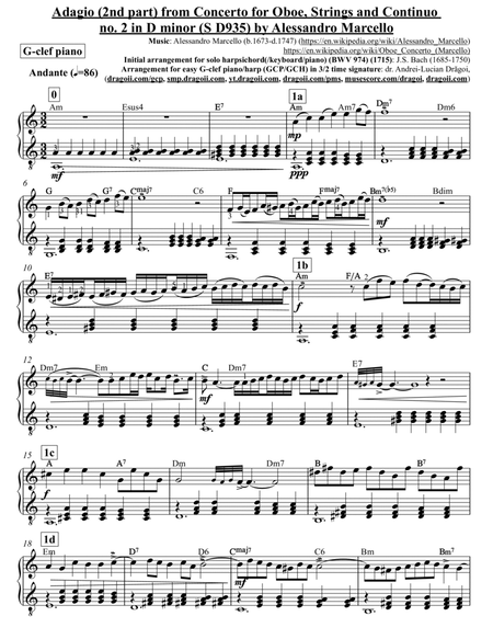 Marcello (Alessandro) - Adagio (2nd part) from Concerto for Oboe - G-clef piano (GCP) arr. in Aminor image number null