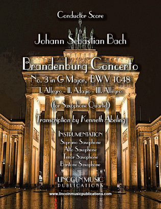 Book cover for Bach - Brandenburg Concerto No. 3 (for Saxophone Quartet SATB & Optional Organ)