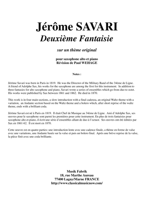 Book cover for Jérôme Savari: Deuxième Fantaisie sur un thème original pour saxophone alto et piano
