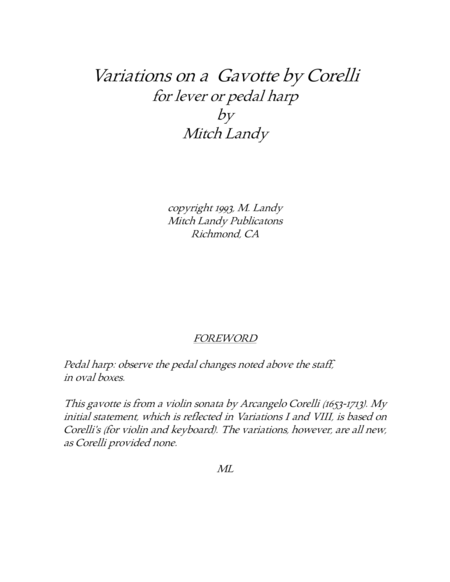 Variations on a Gavotte by Corelli, for lever or pedal harp