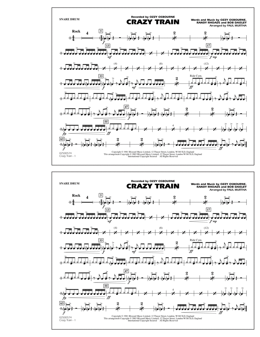Crazy Train - Snare Drum Crazy Train - Snare Drum Marching Band scores gallery preview page 1