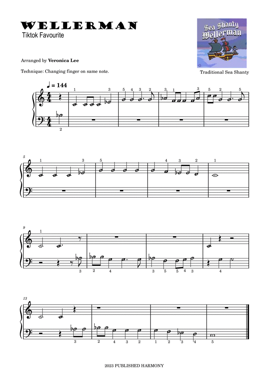 Wellerman - Traditional Easy Beginner Piano Sheet Music with note names and finger numbers Wellerman - Traditional Easy Beginner Piano Sheet Music with note names and finger numbers Easy Piano scores gallery preview page 1