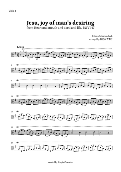 Jesu, Joy of Man’s Desiring for Viola Quartet by Bach BWV 147 image number null