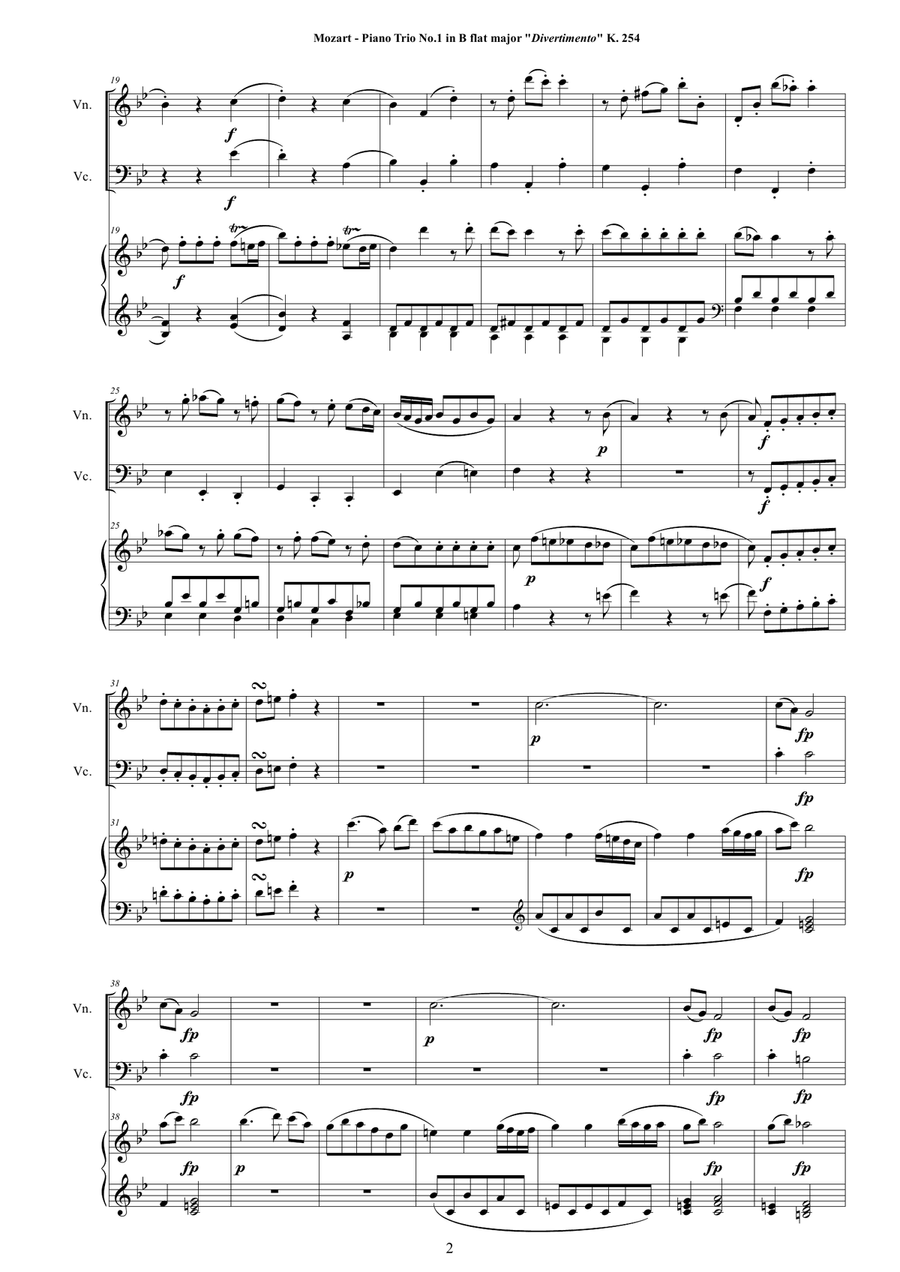 Mozart - Piano Trio No.1 in B flat (Divertimento) K 254 for Violin, Cello and Piano Piano Trio scores gallery preview page 2