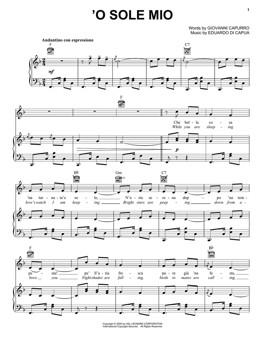 'O Sole Mio 'O Sole Mio Piano, Vocal, Guitar scores gallery preview page 1