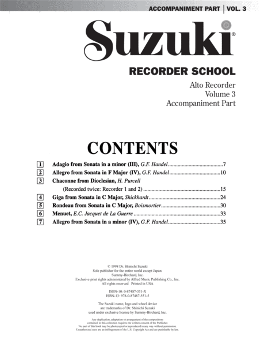 Suzuki Recorder School (Alto Recorder), Volume 3