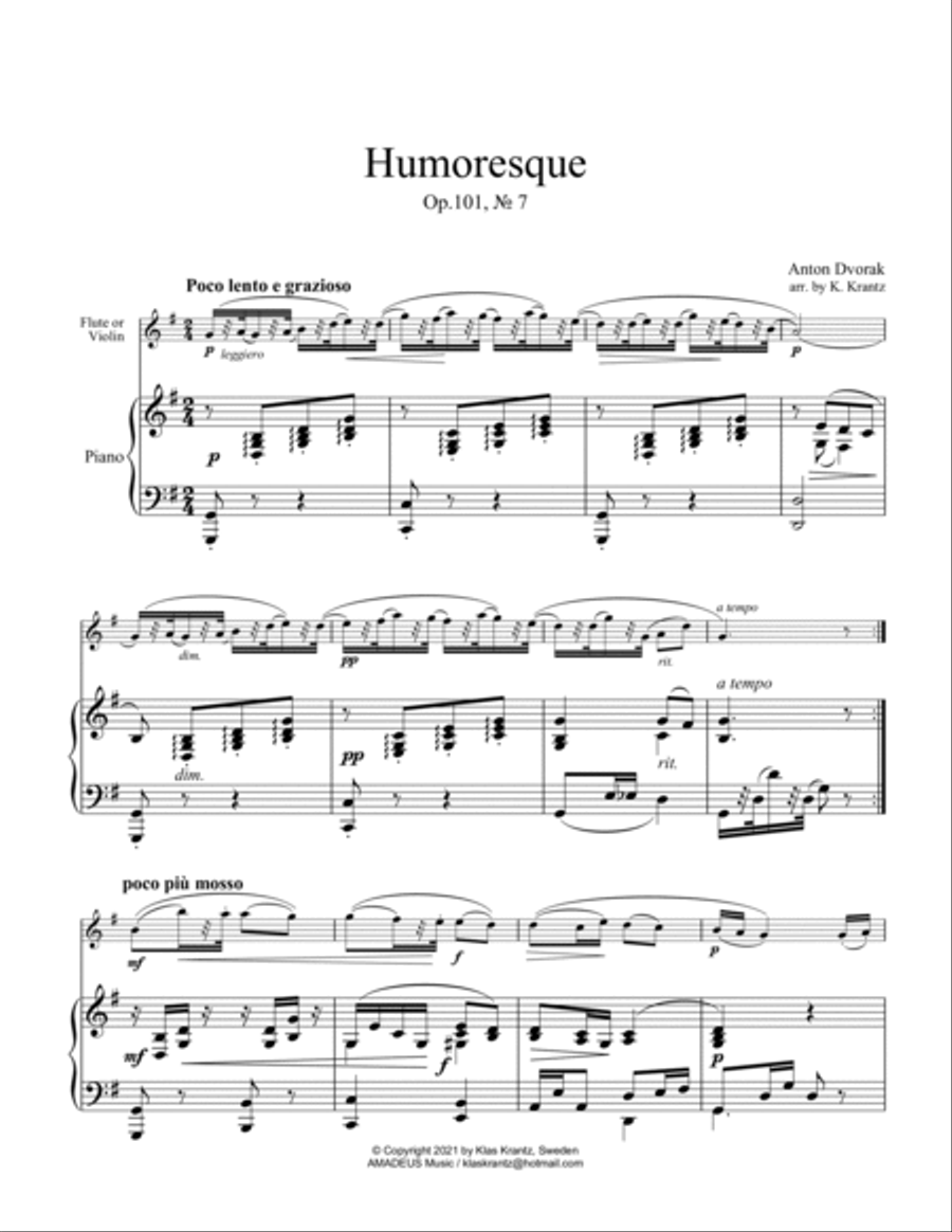 Humoresque, Op. 101, No. 7 for flute or violin and piano (G Major) Flute Solo scores gallery preview page 2