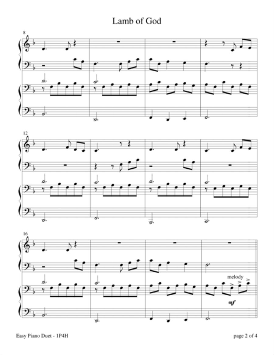 Lamb Of God 1 Piano, 4-Hands scores gallery preview page 5