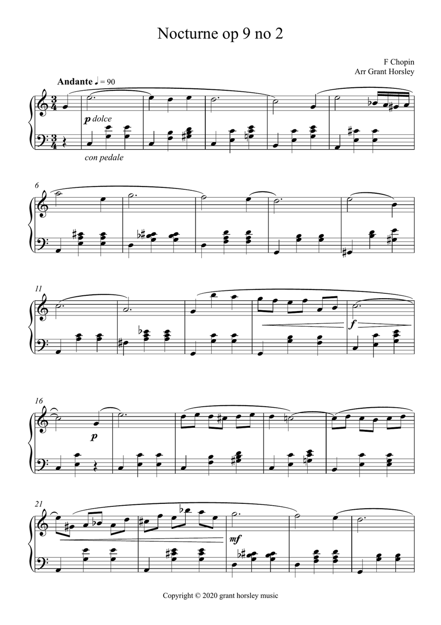 Chopin- (famous) Nocturne op 9 no 2 Simplified version-Intermediate Piano Solo scores gallery preview page 2