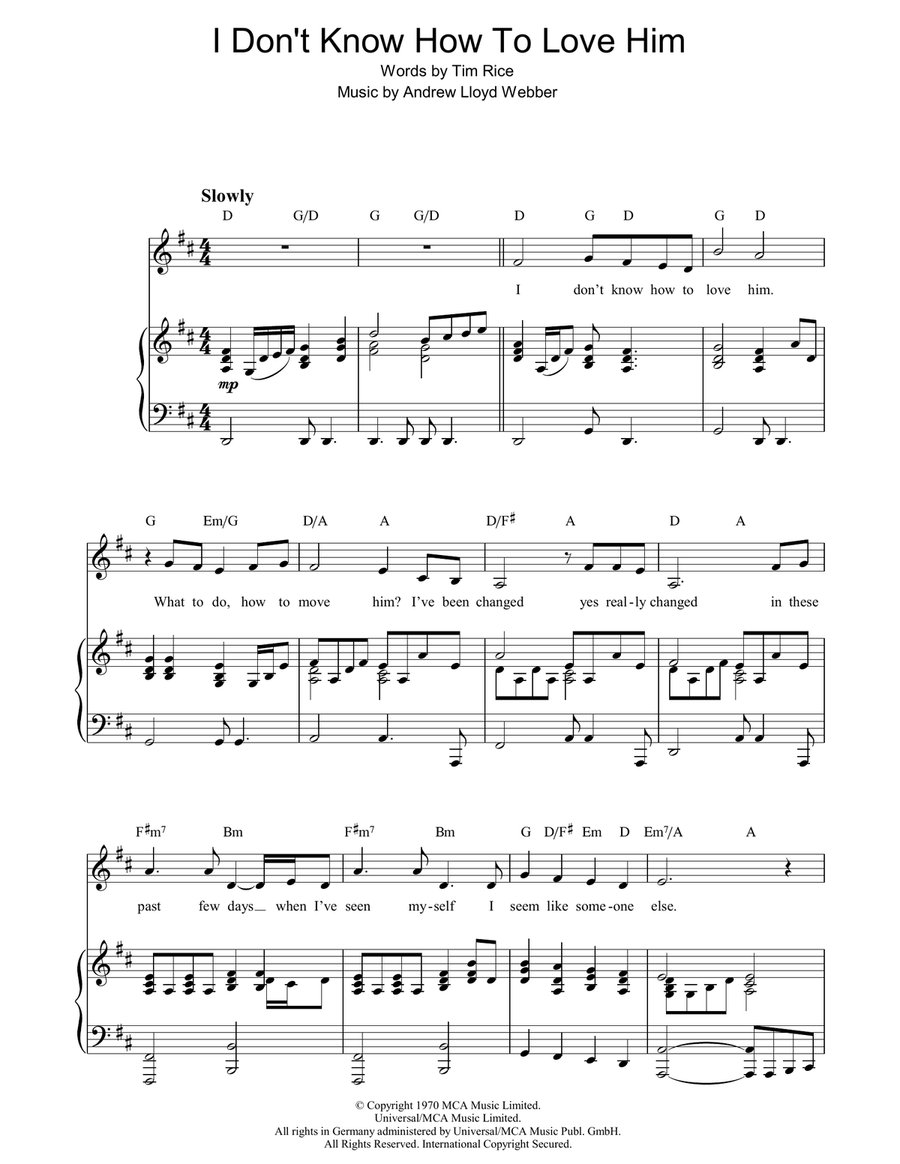 I Don't Know How To Love Him Piano, Vocal, Guitar scores gallery preview page 1