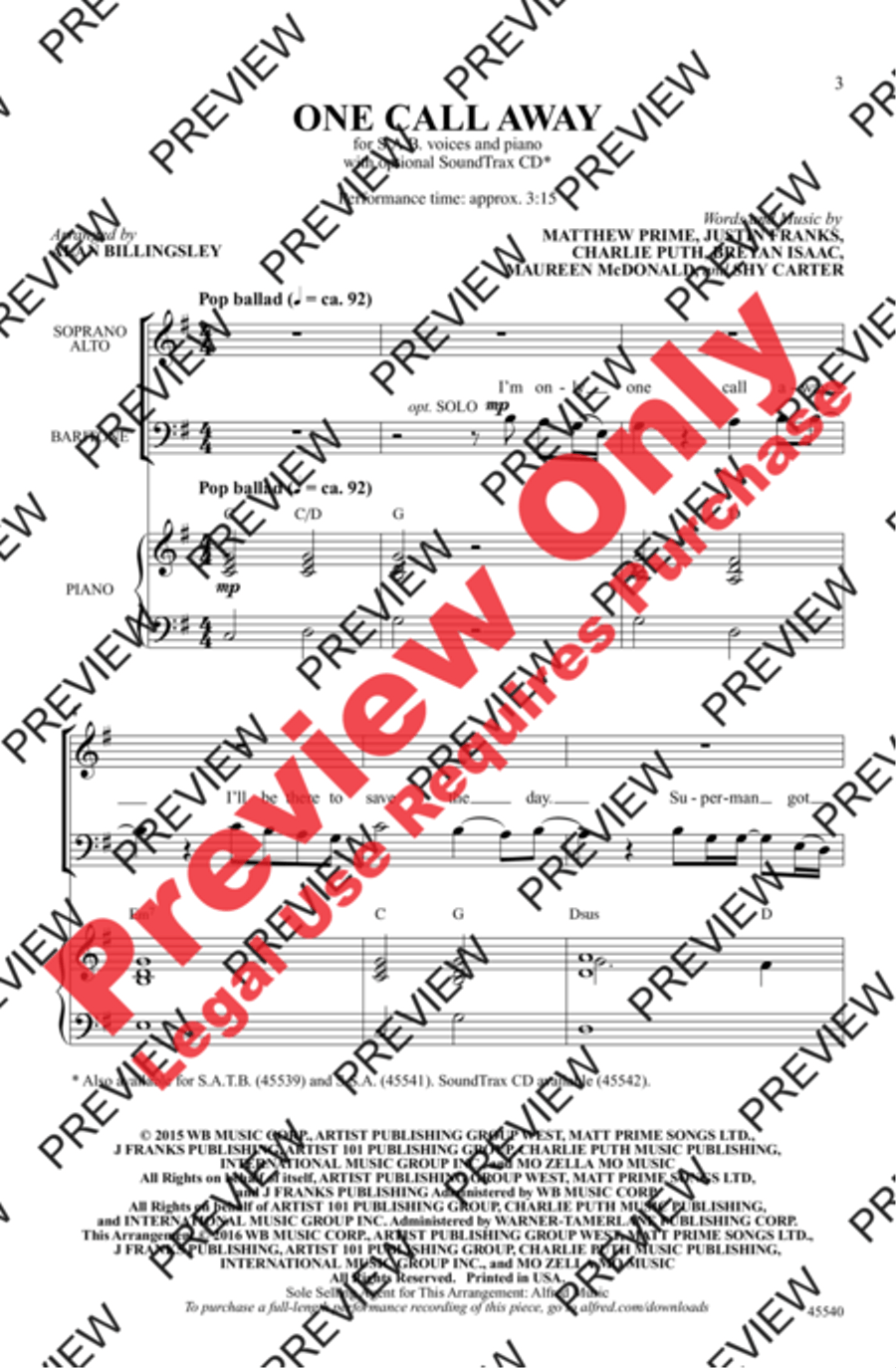 One Call Away One Call Away 3-Part scores gallery preview page 2