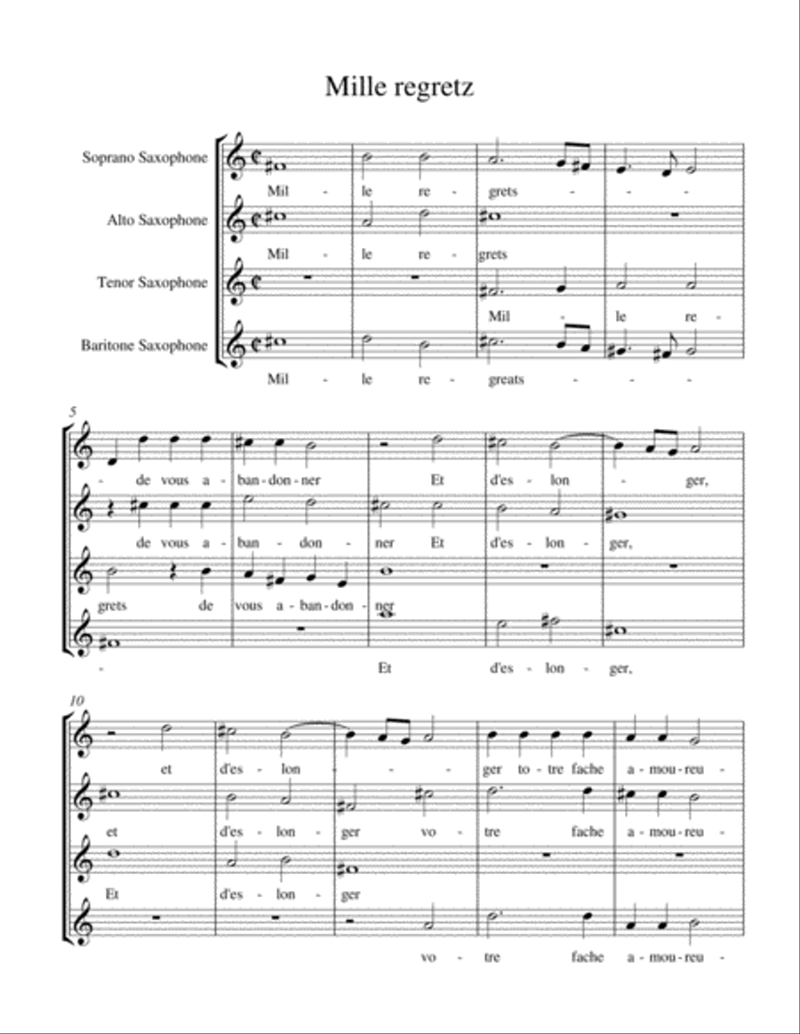 Josquin des Prez - Mille Regretz arranged for Saxophone Quartet Saxophone Quartet scores gallery preview page 1