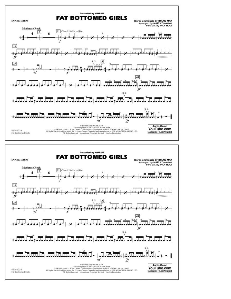 Fat Bottomed Girls - Snare Drum Percussion scores gallery preview page 1