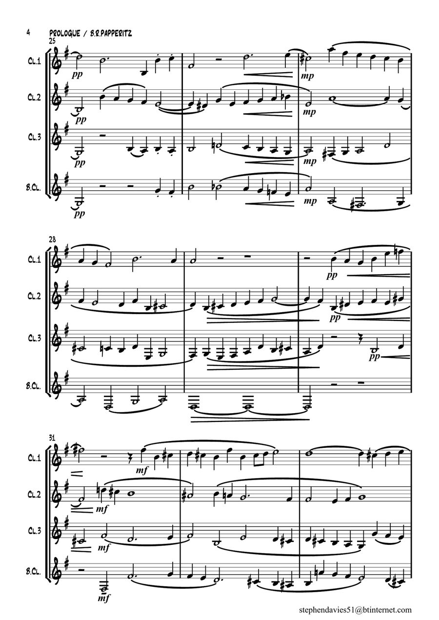 'Prologue' by Dr.Benjamin Robert Papperitz (1826-1903) for Clarinet Quartet. Clarinet Quartet scores gallery preview page 4