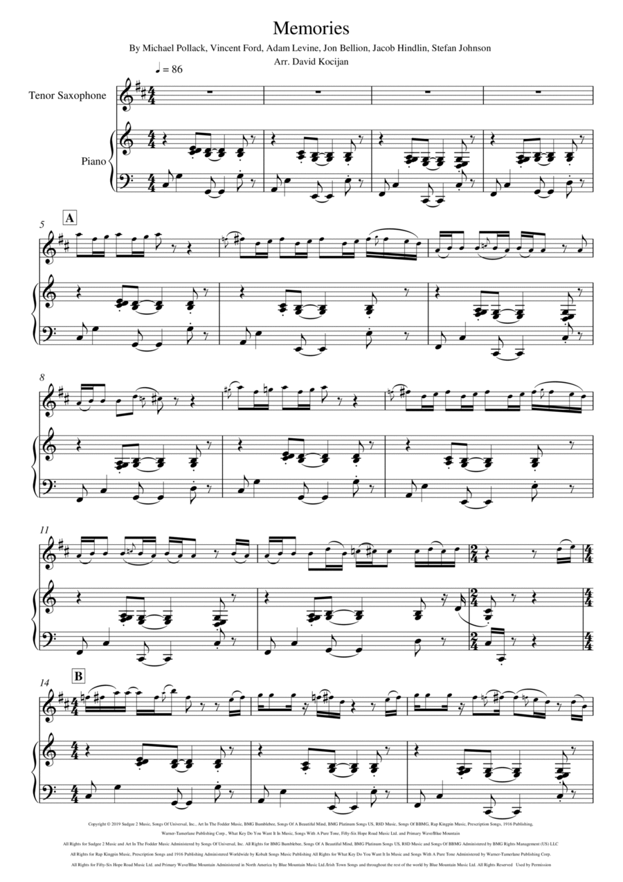 Memories Memories Tenor Saxophone scores gallery preview page 1