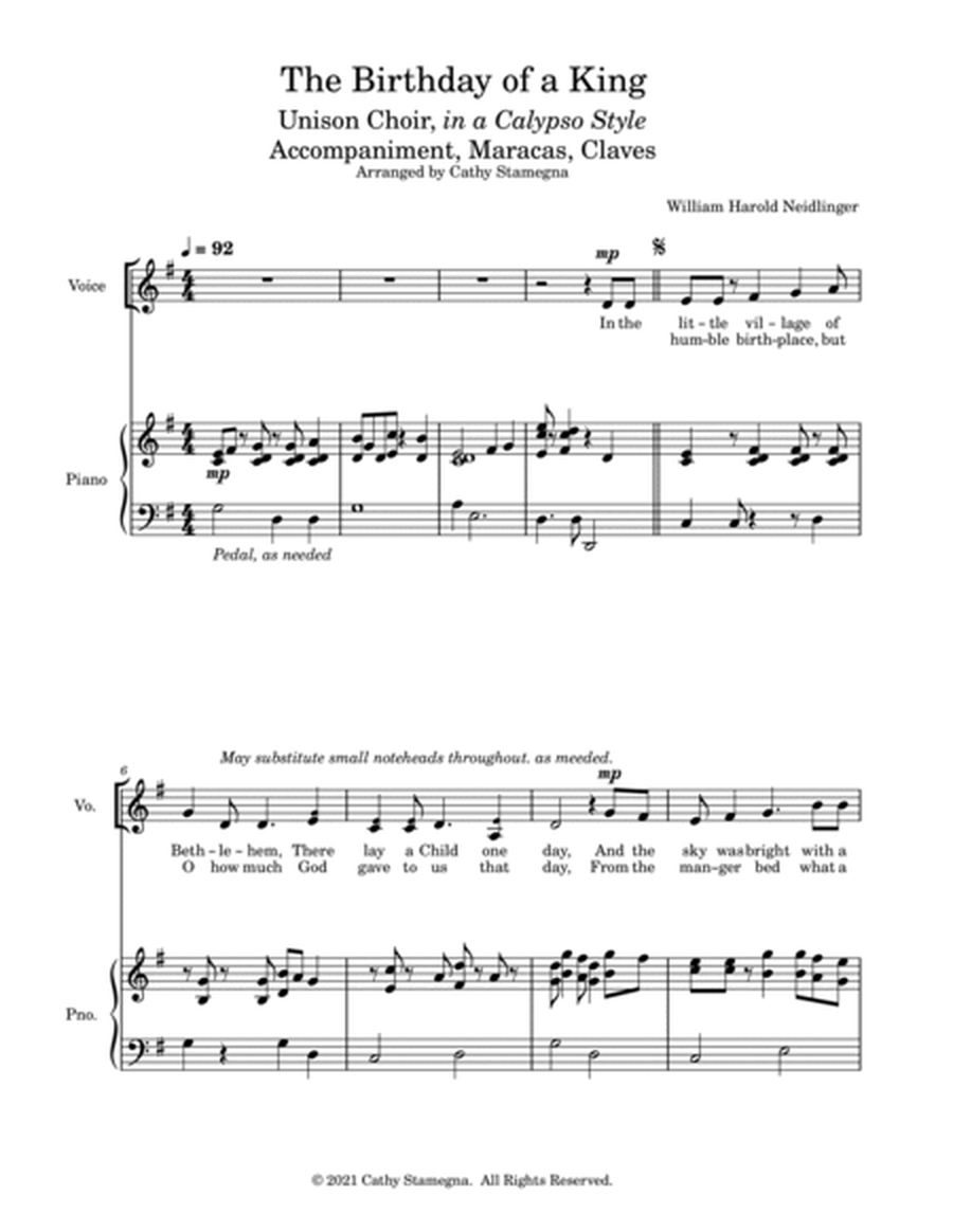 The Birthday of a King (Calypso Unison Choir, Accompaniment, Maracas, Claves) image number null