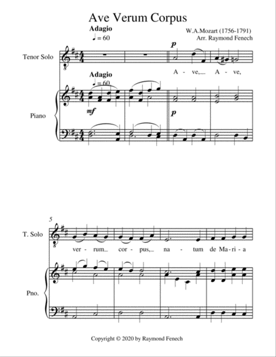 Ave Verum Corpus Tenor Voice and Piano - Intermediate level Tenor Voice scores gallery preview page 1