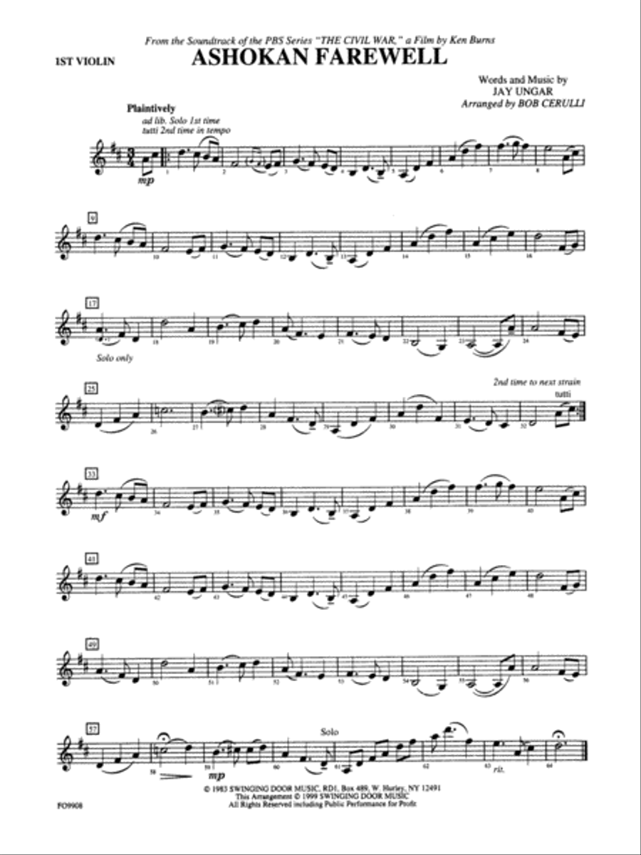 Ashokan Farewell: 1st Violin by Jay Ungar Full Orchestra - Digital Sheet Music