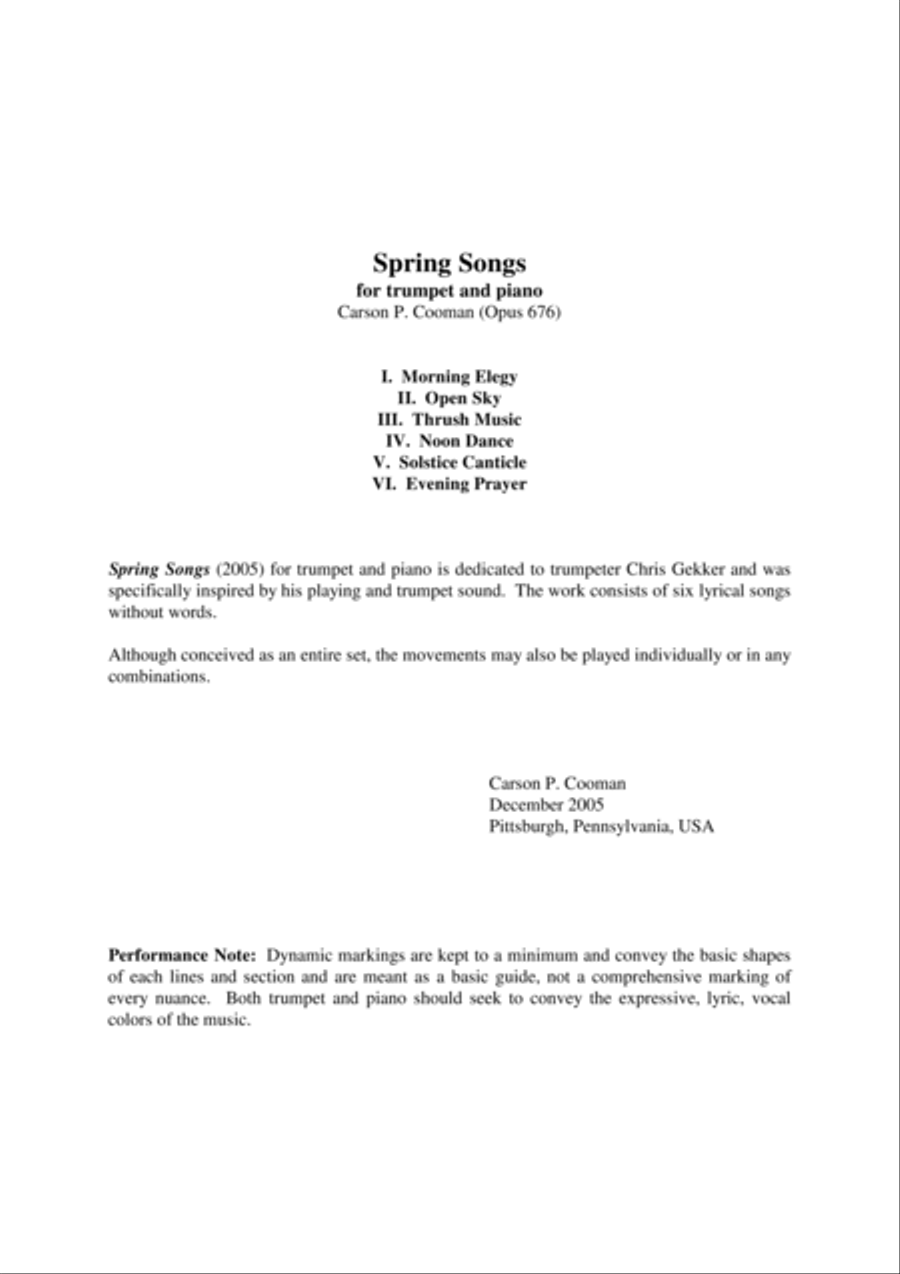 Carson Cooman: Spring Songs (2005) for Bb or C trumpet and piano C Trumpet scores gallery preview page 1