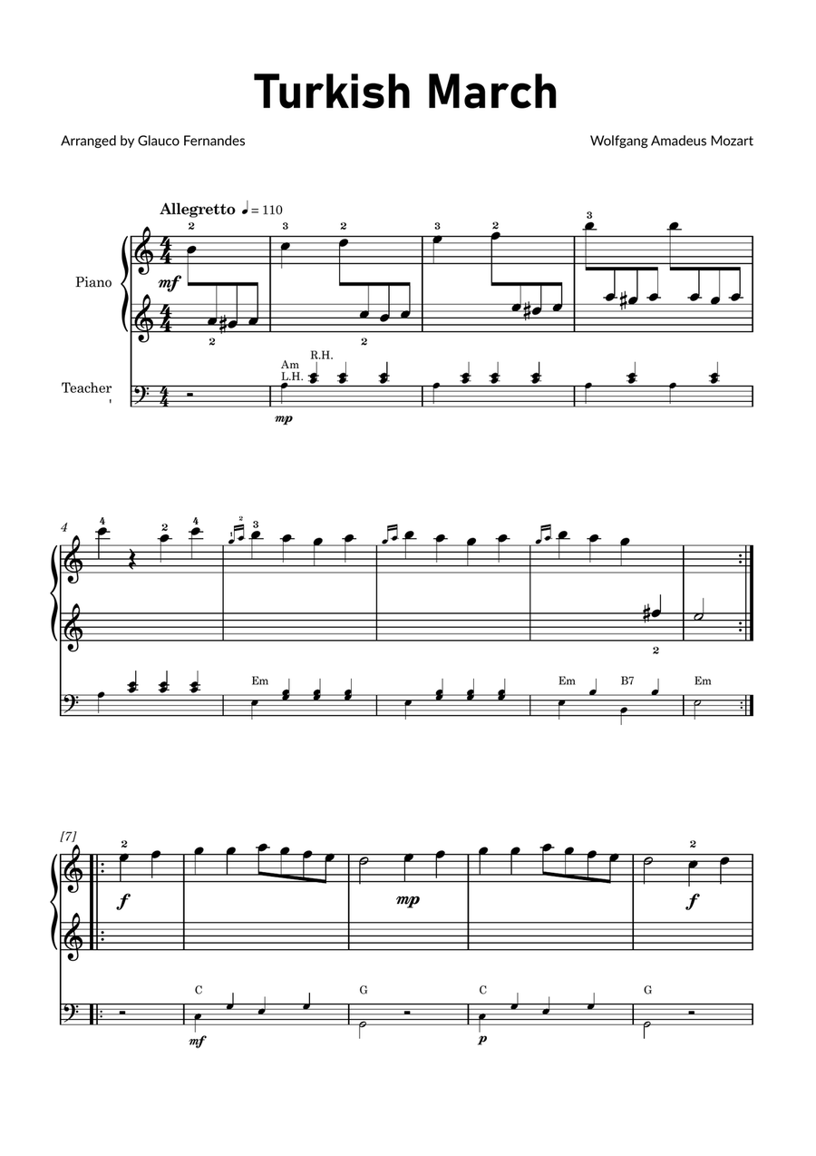 Turkish March by Mozart - Easy Piano for Beginners with Teacher Accompaniment and Chords Easy Piano scores gallery preview page 1